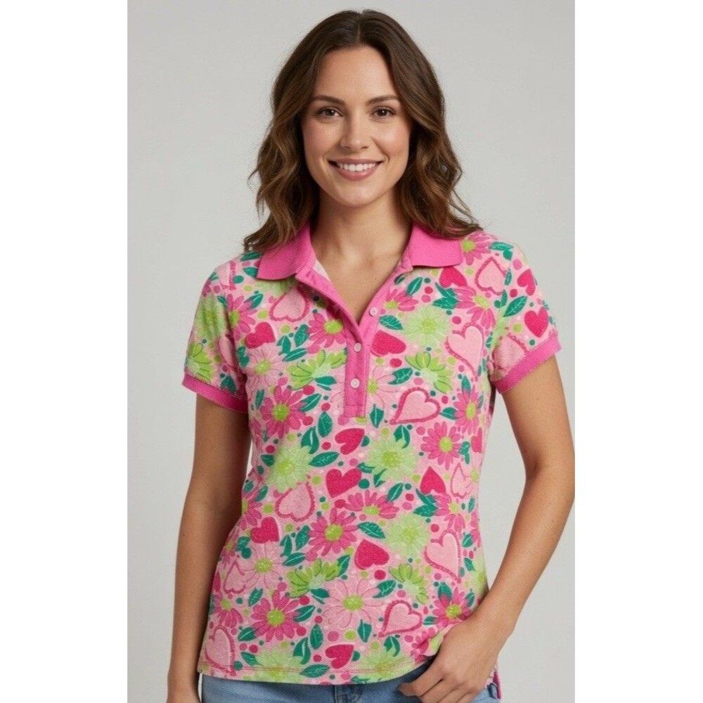 VTG Lilly Pulitzer Terry Cloth  Polo Shirt Pink Green Hearts Flower Power, Sz XS